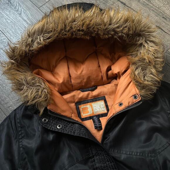 Vintage Y2K BKE Black Fur Hooded Puffer Winter Jacket Parka - Picture 3 of 5